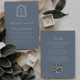 Convites Casamento com Código QR do Brasão Monograma Azul E