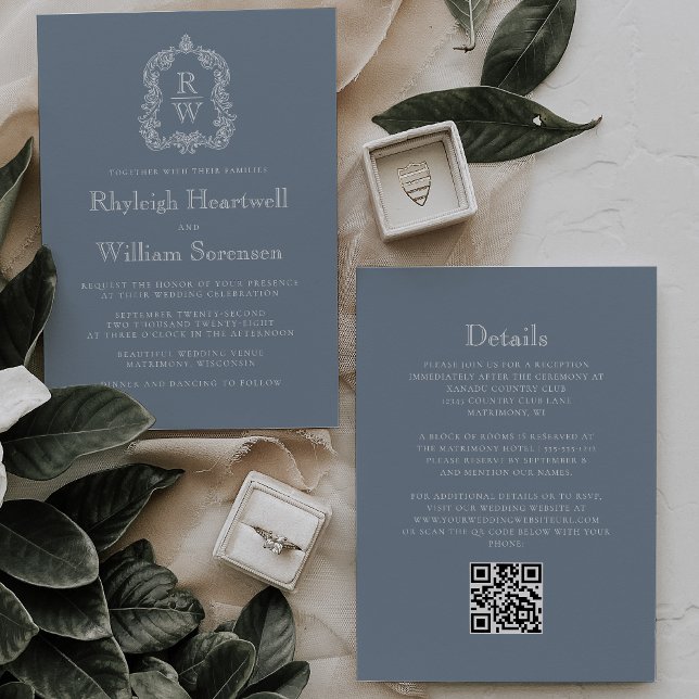 Convites Casamento com Código QR do Brasão Monograma Azul E (Criador carregado)
