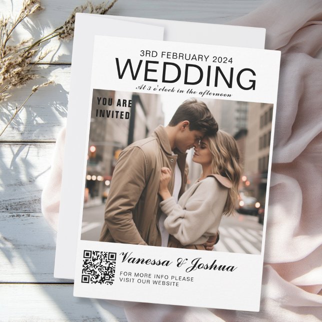 Convites Casamento com Código QR do Cobrir de Foto Magazin (Photo Cover Magazin QR Code Wedding Invitation, white, trendy, minimal.)