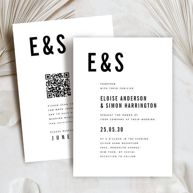 Convites Casamento com Código QR do Monograma Mínimo Modern (Bold initials Modern minimalist classic QR code wedding invitation)