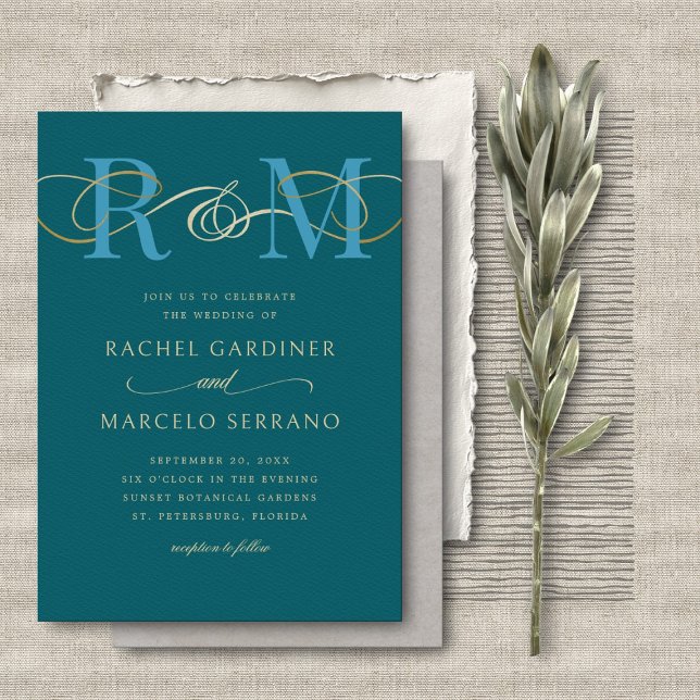 Convites Casamento com Código QR do Monograma Teal Aqua Tur (Criador carregado)