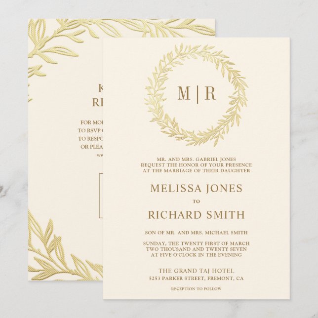 Convites Casamento com Código QR do Ramo de Folha Dourada C (Frente/Verso)