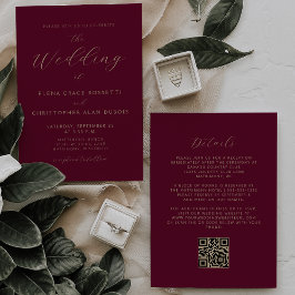 Convites Casamento com Código QR do Script Dourado Moderno