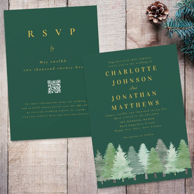 Convites Casamento com Código QR Dourado da Floresta Flores (Modern Woodland forest dark green and gold wedding qr code invitation Watercolor evergreen trees)