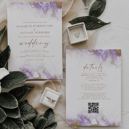 Convites Casamento com Código QR Dourado da Lavanda Marble 