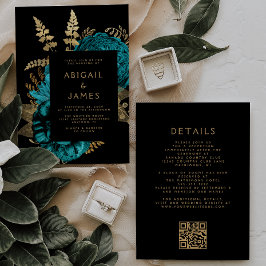 Convites Casamento com Código QR Dourado da Turquesa Floral