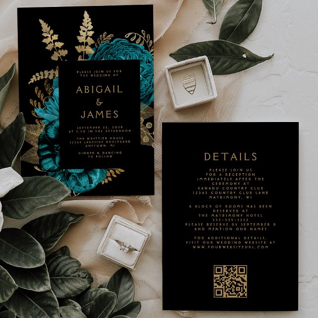 Convites Casamento com Código QR Dourado da Turquesa Floral (Criador carregado)