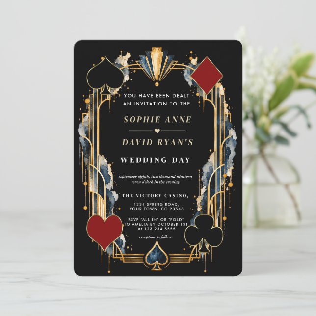 Convites Casamento com código QR dourado de noite de cassin (Em pé/Frente)
