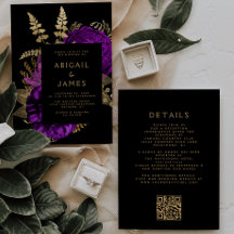 Casamento com Código QR Dourado Roxo Floral Moody 