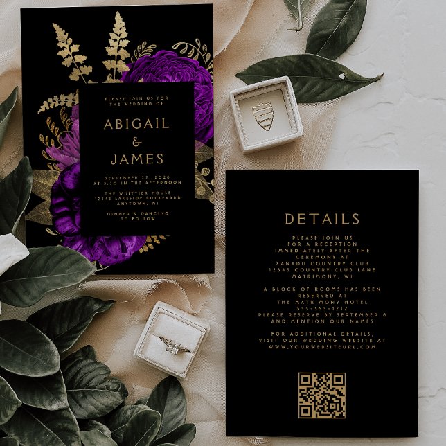 Convites Casamento com Código QR Dourado Roxo Floral Moody  (Criador carregado)