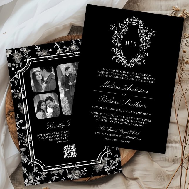 Convites Casamento com Código QR e Crista de Chinoiserie Pr (Criador carregado)
