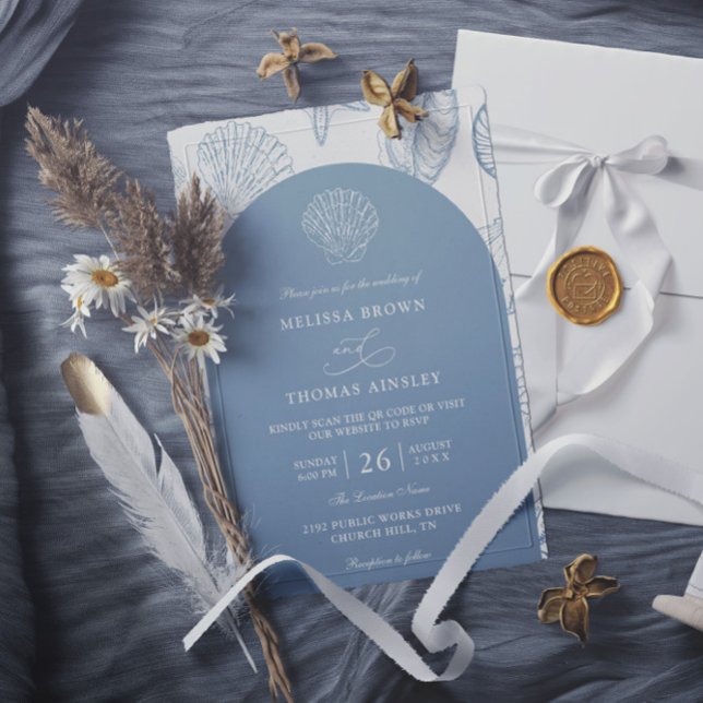 Convites Casamento com código QR econômico de praia com con (Criador carregado)