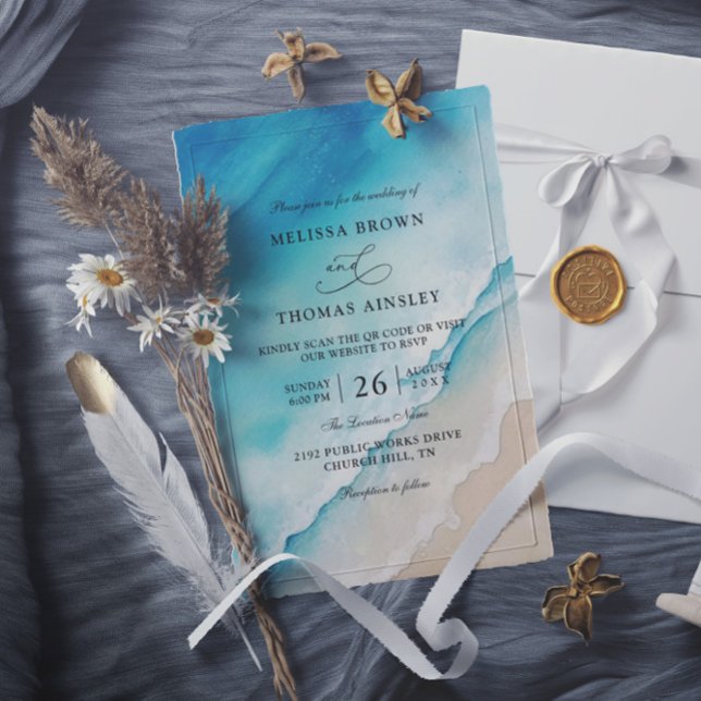 Convites Casamento com código QR econômico na praia do ocea (Criador carregado)