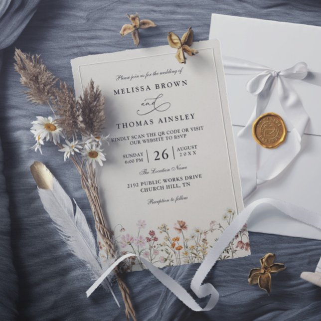 Convites Casamento com Código QR Elegante Bege Flor Silvest (Criador carregado)
