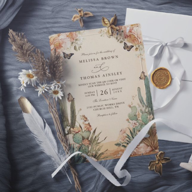 Convites Casamento com Código QR Elegante de Cacto do Deser (Criador carregado)
