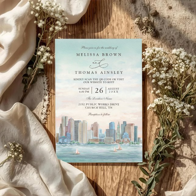 Convites Casamento com Código QR Elegante Destino Skyline d (Criador carregado)
