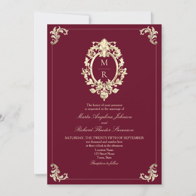 Convites Casamento com Código QR Elegante em Borgonha (Frente)