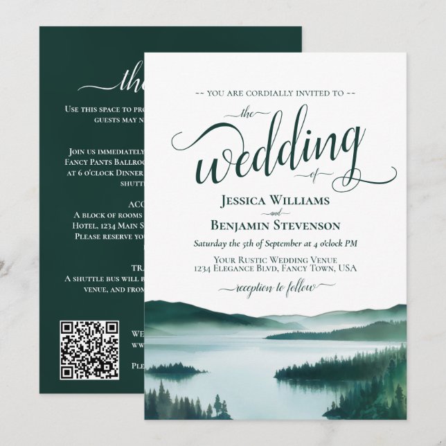 Convites Casamento com Código QR Elegante em Lago de Montan (Frente/Verso)