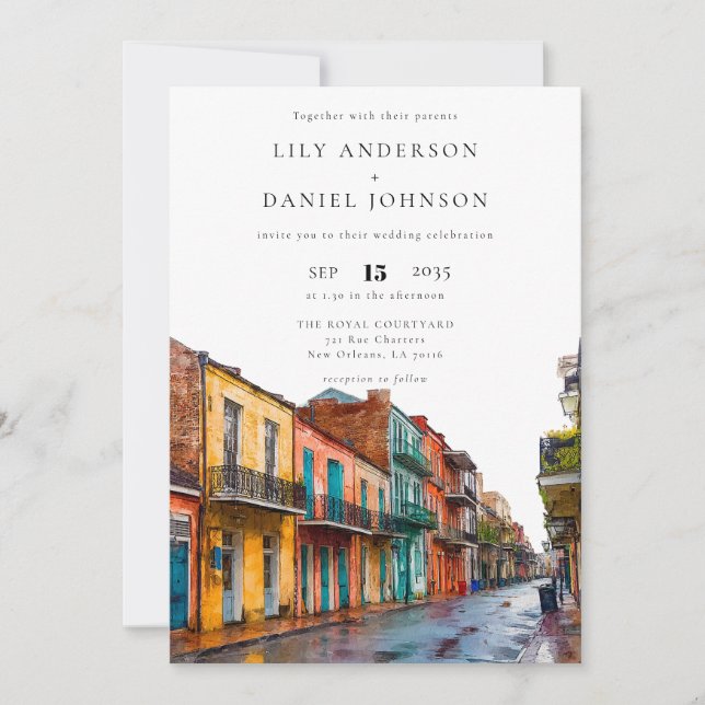 Convites Casamento com Código QR em Aquarela de Nova Orlean (Frente)