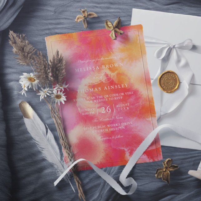 Convites Casamento com Código QR em Aquarela Laranja Rosa Q (Criador carregado)