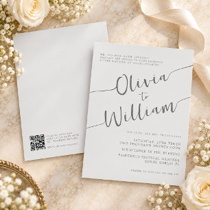 Convites Casamento com Código QR em Letra Prata Minimalista