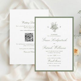 Convites Casamento com Código QR em Verde Sálvia Clássico c