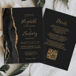 Convites Casamento com Código QR Escuro de Agato Dourado Pr<br><div class="desc">A borda esquerda deste elegante convite de casamento moderno apresenta uma coloração aquosa preta, borda agitada, aparada com falso brilho dourado. O texto personalizável combina manuscrito dourado, fontes em copperplate e itálico em um fundo preto de slate. O verso apresenta um design de agate preto e dourado correspondente. O verso...</div>