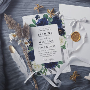 Convites Casamento com Código QR Floral Azul Marinho e Prat