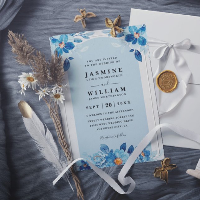 Convites Casamento com Código QR Floral Azul Marinho Elegan (Criador carregado)