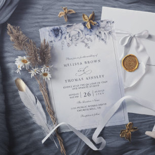 Convites Casamento com Código QR Floral Azul Navy e Orçamen