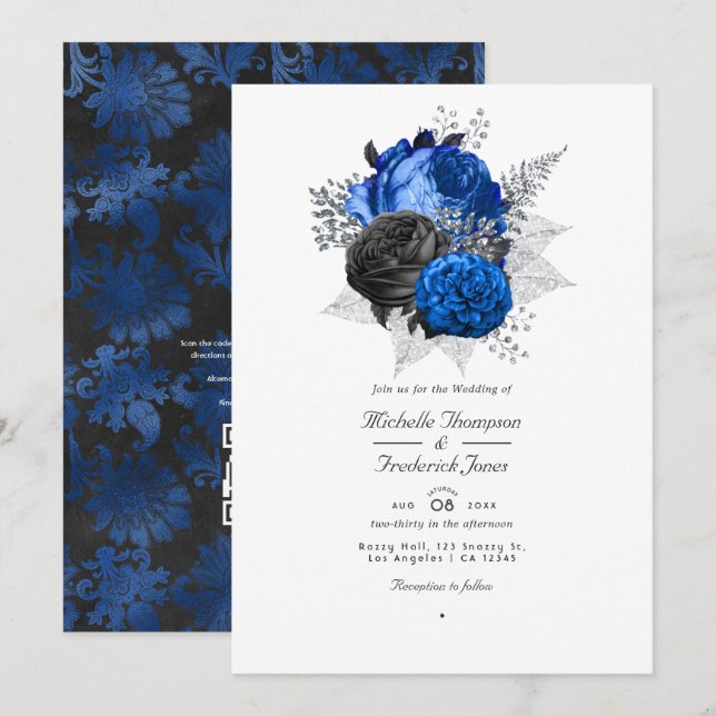 Convites Casamento com Código QR Floral Azul Real, Preto e  (Frente/Verso)