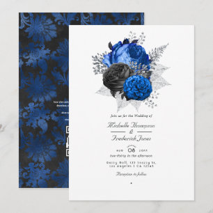 Convites Casamento com Código QR Floral Azul Real, Preto e