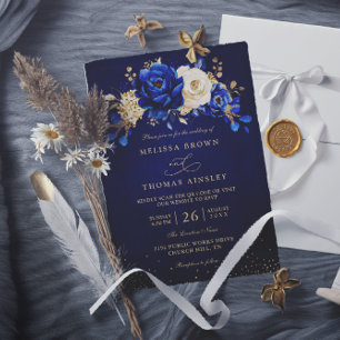 Convites Casamento com Código QR Floral Chic Azul Royal Bra