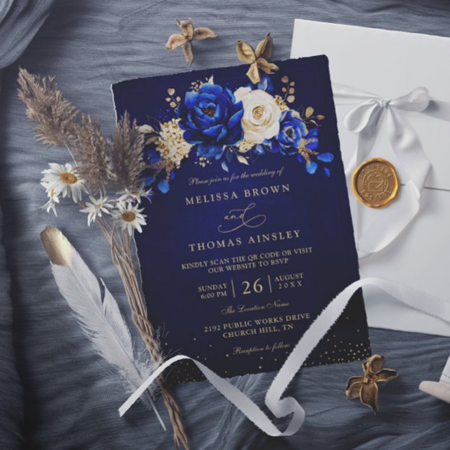 Convites Casamento com Código QR Floral Chic Azul Royal Bra (Criador carregado)
