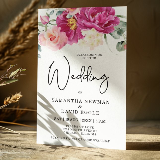 Convites Casamento com Código QR Floral Cor-de-Rosa Moderno (Criador carregado)