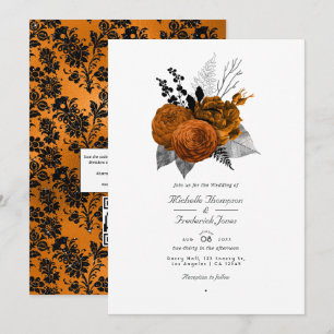 Convites Casamento com Código QR Floral de Halloween Preto