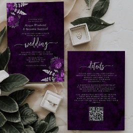 Convites Casamento com Código QR Floral de Prata Floral Ele