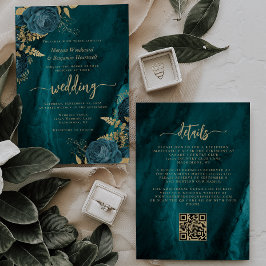 Convites Casamento com Código QR Floral Dourado Azul Elegan