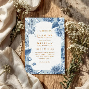 Convites Casamento com Código QR Floral em Azul Naval Vinta