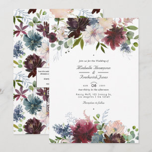 Convites Casamento com Código QR Floral em Borgonha, Azul M