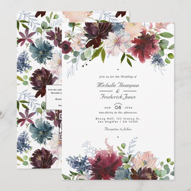 Convites Casamento com Código QR Floral em Borgonha, Azul M (Frente/Verso)