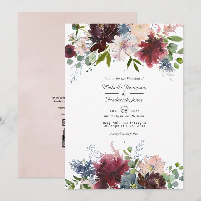 Convites Casamento com Código QR Floral em Borgonha, Azul M (Frente/Verso)