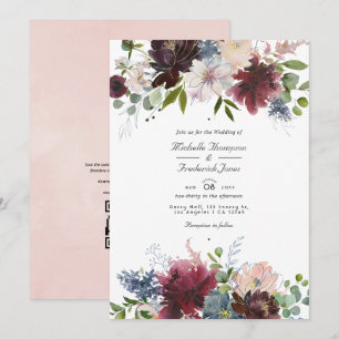 Convites Casamento com Código QR Floral em Borgonha, Azul M