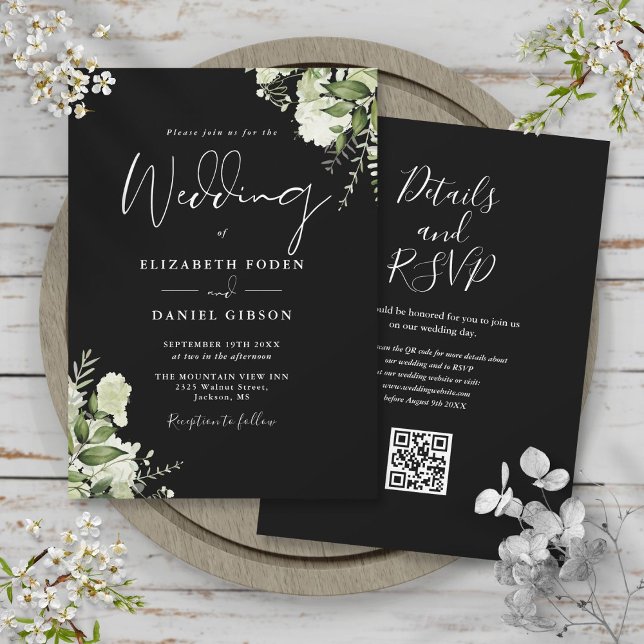 Convites Casamento com Código QR Floral Floral de Verde Neg (Black And White Greenery Floral QR Code Wedding Invitation)