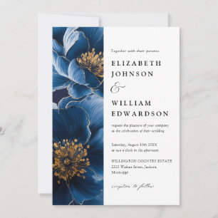 Convites Casamento com Código QR Floral Moderno Elegante Az