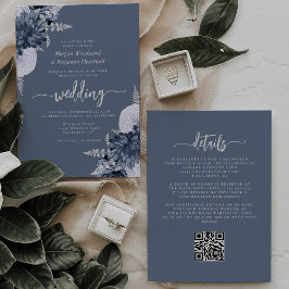 Convites Casamento com Código QR Floral Prata Azul Empoeira