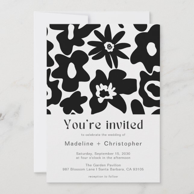 Convites Casamento com Código QR Floral Preto Moderno (Frente)