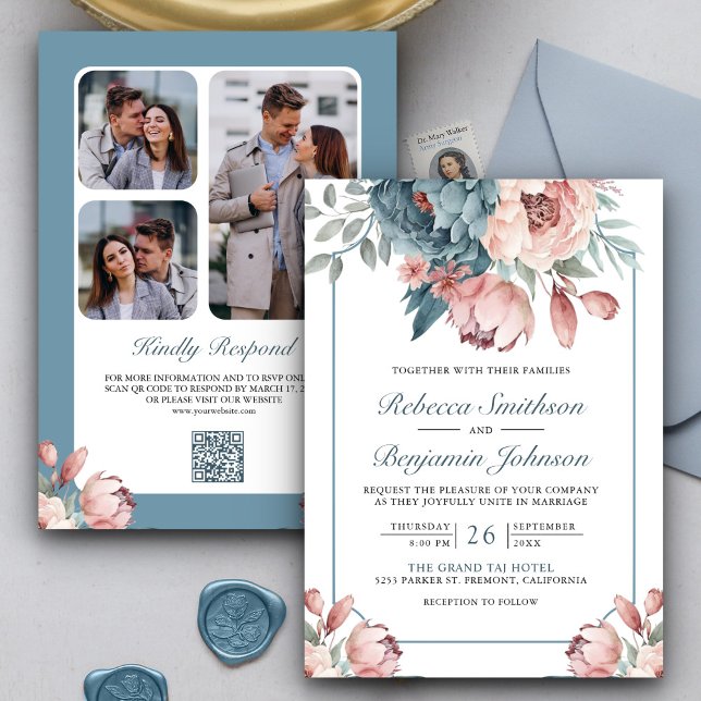 Convites Casamento com Código QR Floral Rosa e Azul Empoeir (Criador carregado)