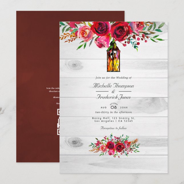 Convites Casamento com Código QR Floral Rosa e Burgundy Rús (Frente/Verso)