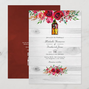 Convites Casamento com Código QR Floral Rosa e Burgundy Rús